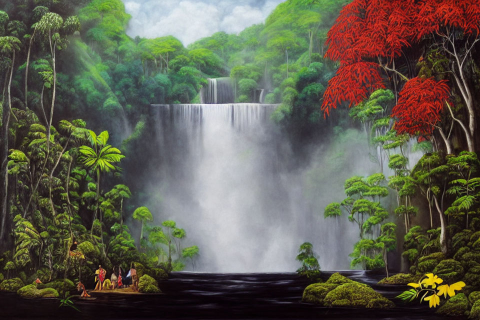 Colorful jungle waterfall scene with people by water's edge