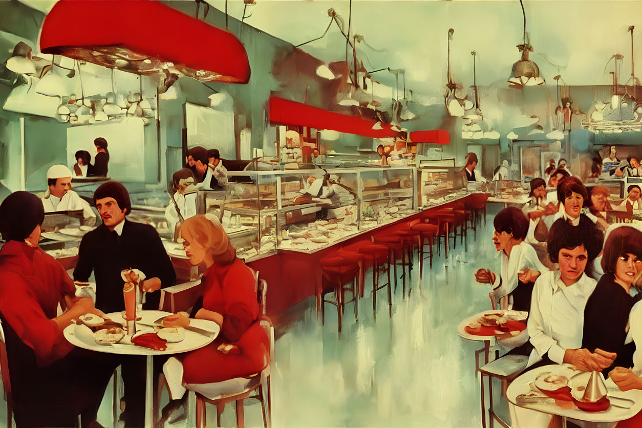 Vintage Diner Scene with Red Bar Stools & Turquoise Color Scheme