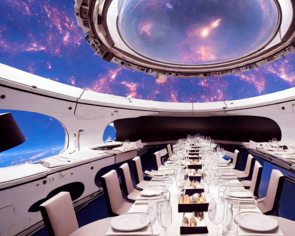 Elegant space-themed restaurant with cosmic view for fine dining