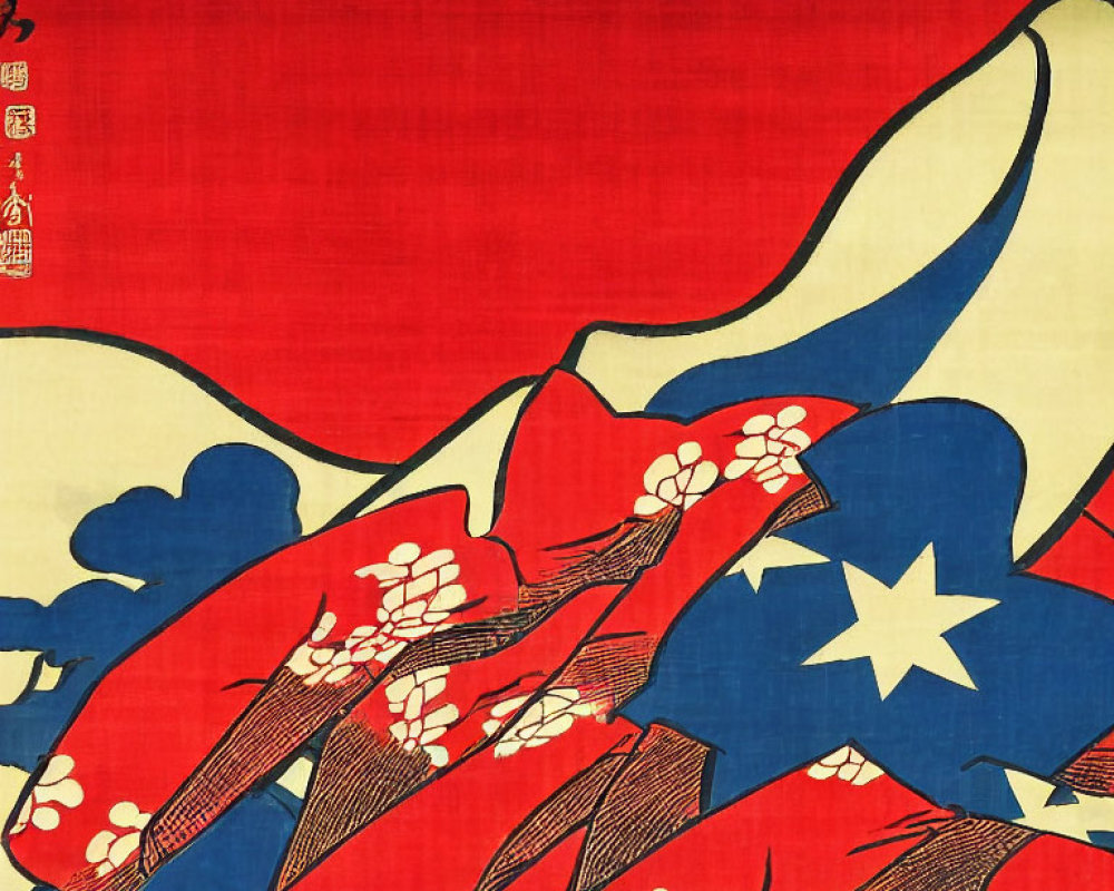 Traditional Japanese Woodblock Print: Red Background, Blue and White Wave with Floral Patterns