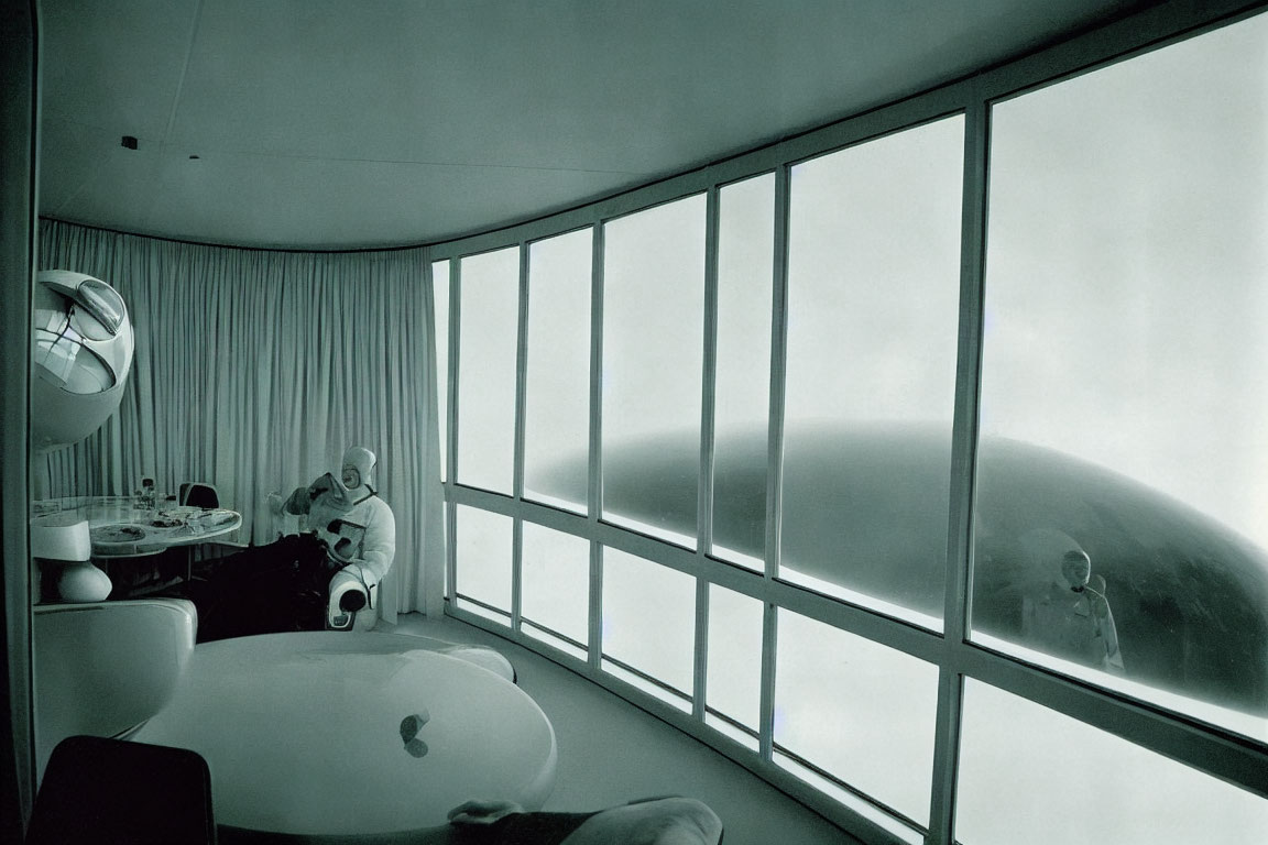 Monochromatic interior with person in space suit gazing at futuristic window and spherical structure