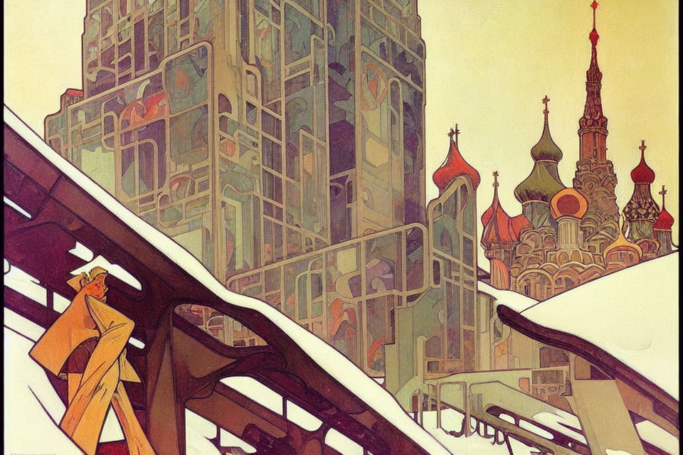 Colorful Illustration of Futuristic Cityscape with Person, Buildings, and Train