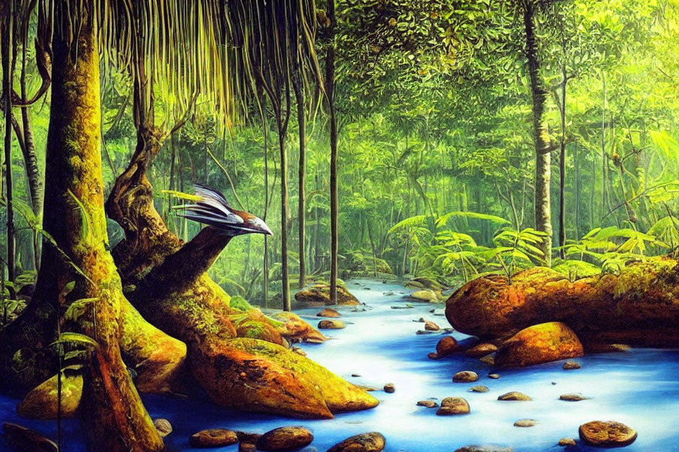 Lush Jungle Scene with Stream and Colorful Bird