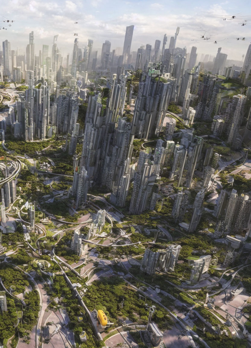 Futuristic cityscape with skyscrapers, greenery, and flying vehicles