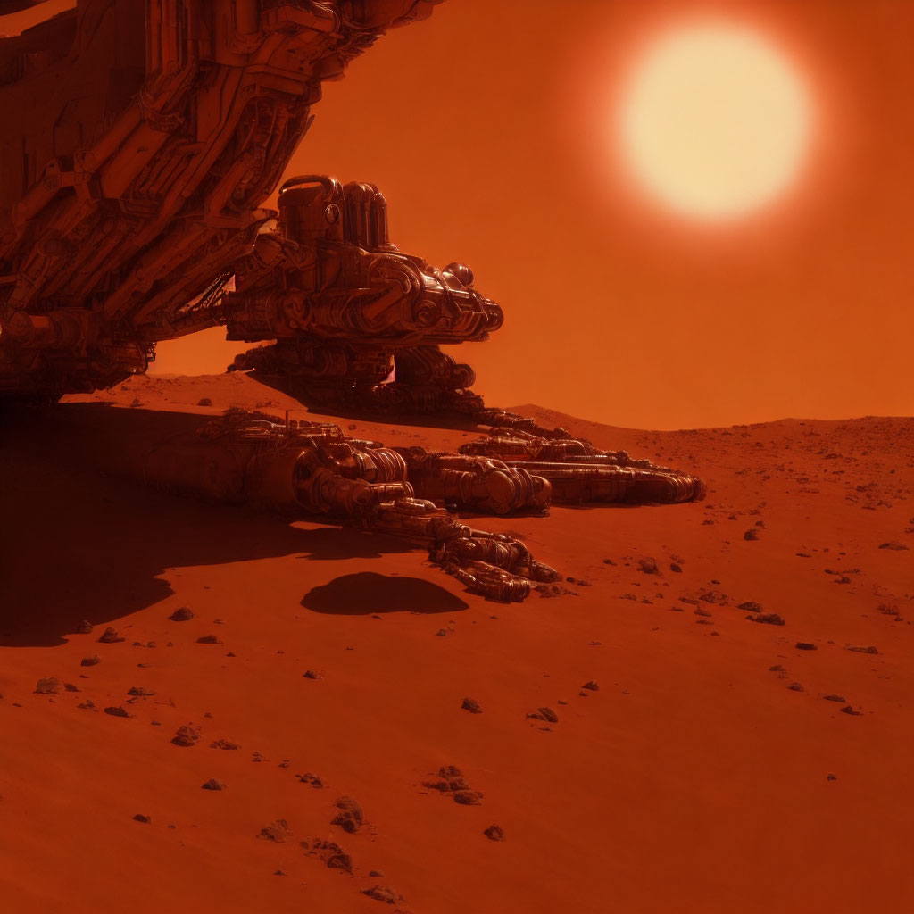 Futuristic spacecraft on red Martian terrain at sunset