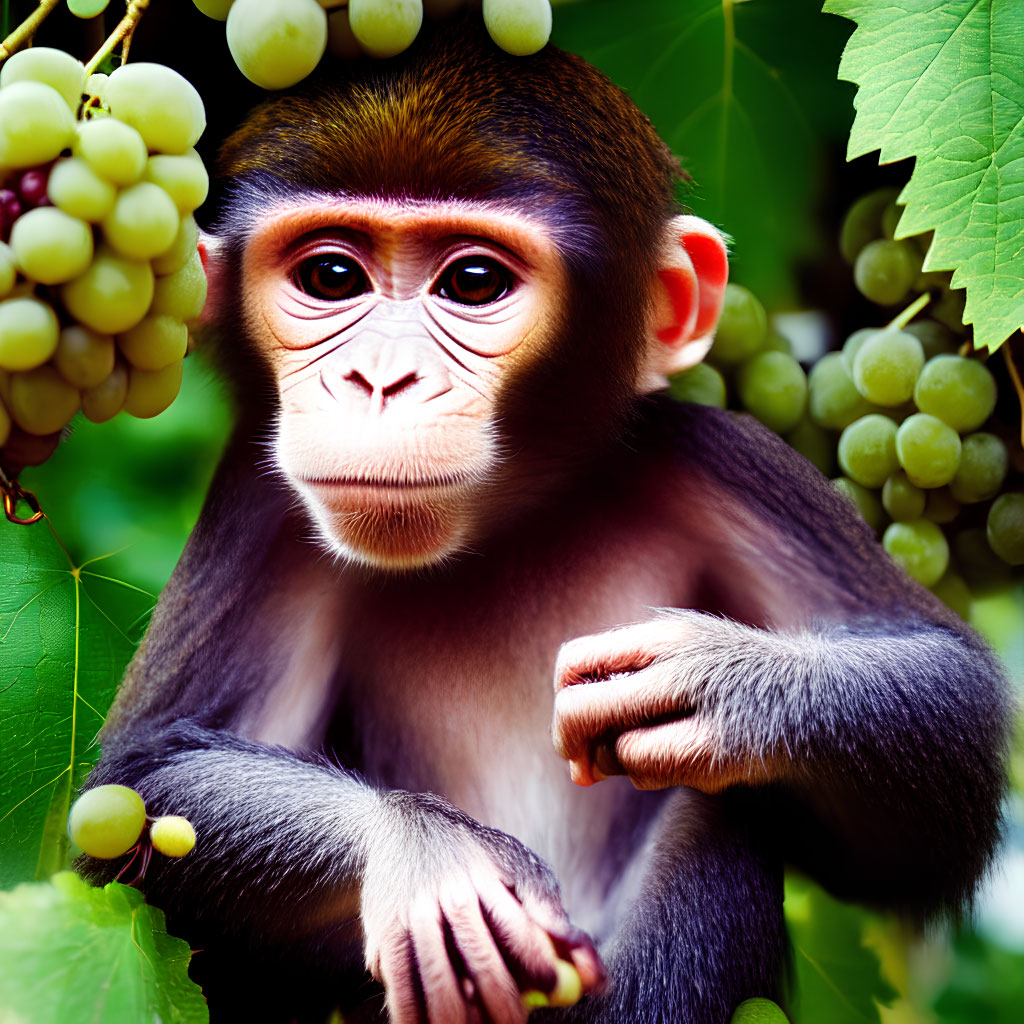 Juvenile Monkey Surrounded by Green Leaves and Grapes