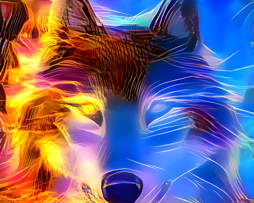 neon wolf mixed with fireworks