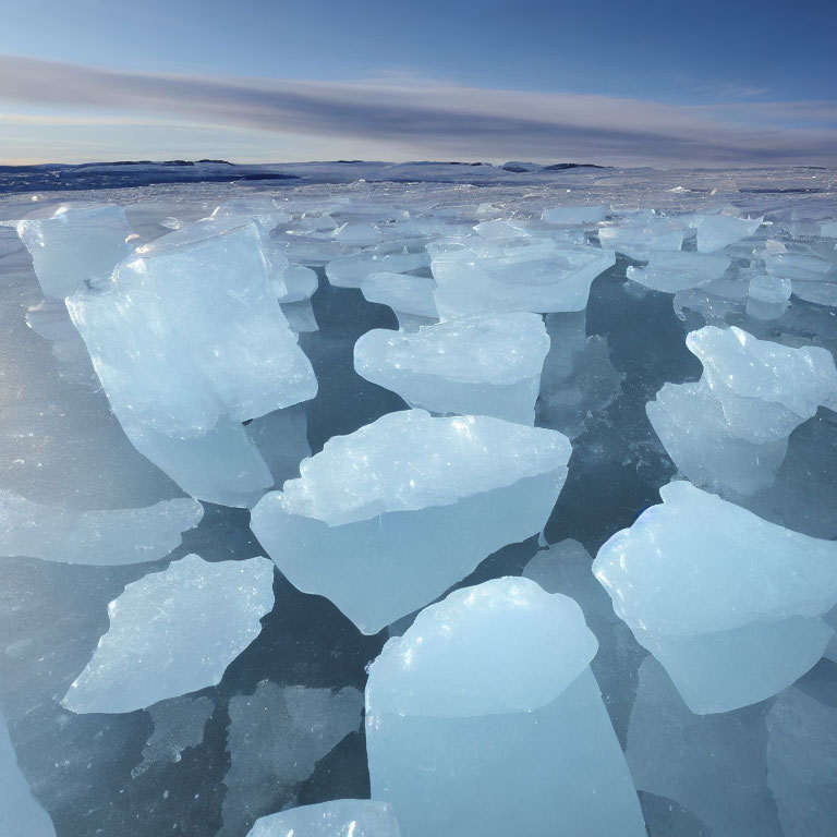 Frozen Landscape with Blue Ice Chunks on Icy Surface