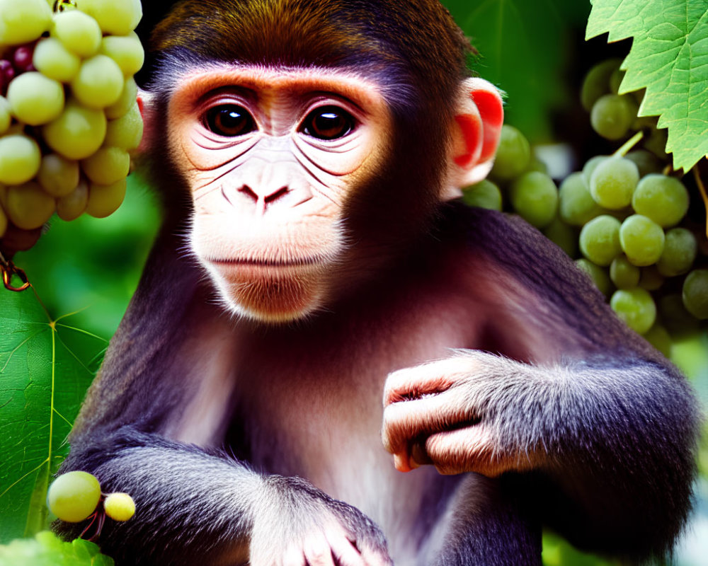 Juvenile Monkey Surrounded by Green Leaves and Grapes