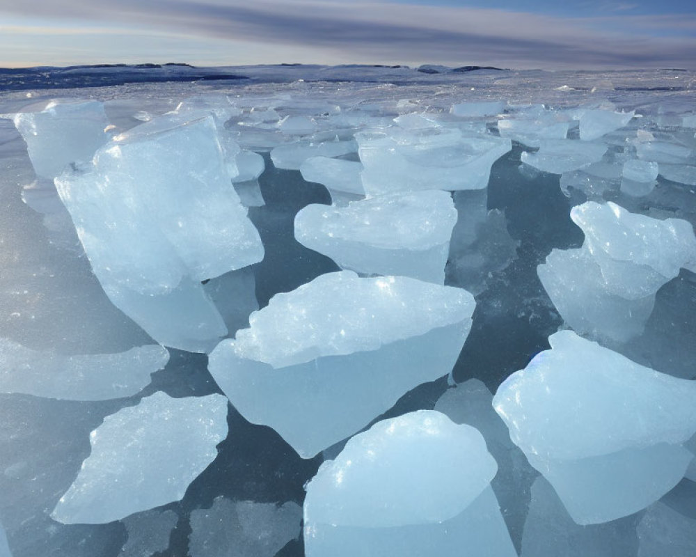 Frozen Landscape with Blue Ice Chunks on Icy Surface