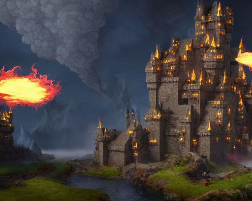 Medieval castle under attack with flames, smoke, and figures near drawbridge.