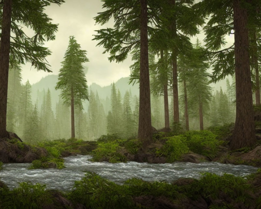 Tranquil Forest Scene: Tall Evergreens, Gentle Stream, Soft Fog