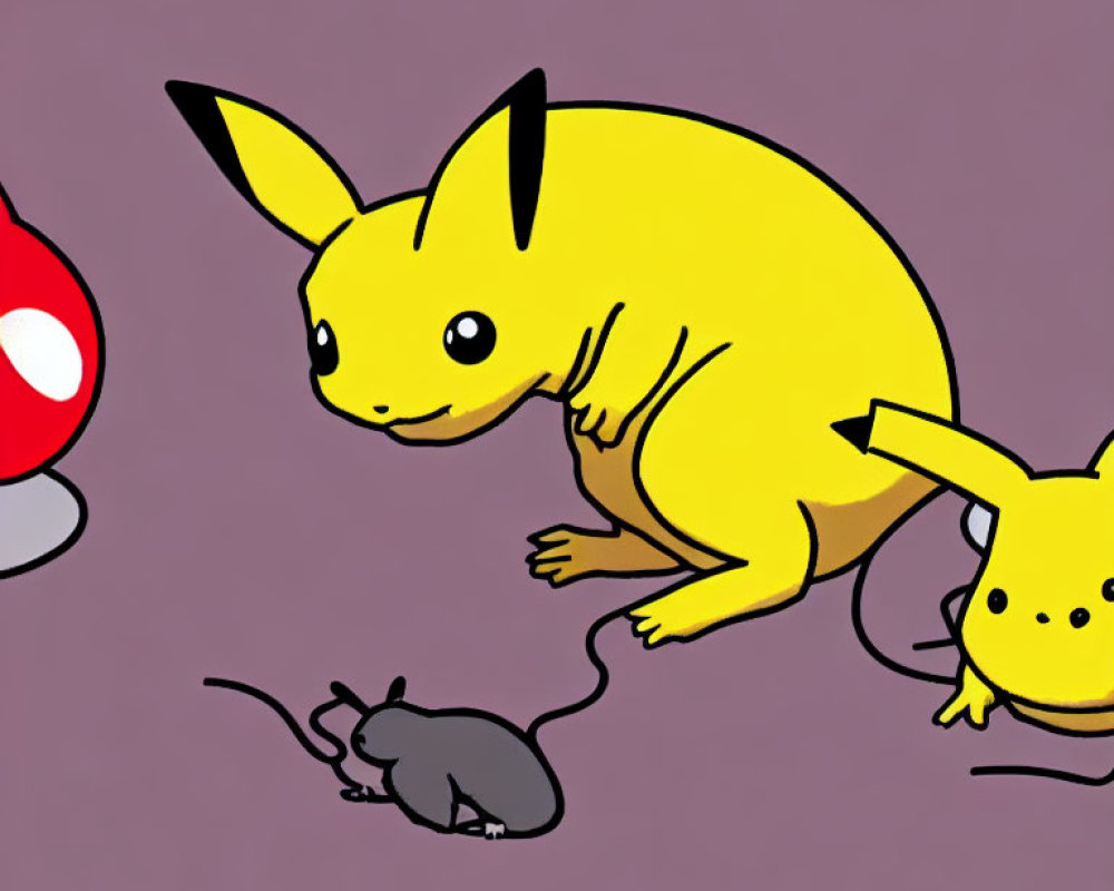 Illustration of two Pikachu characters, a Poké Ball, and a mouse-like creature on purple background