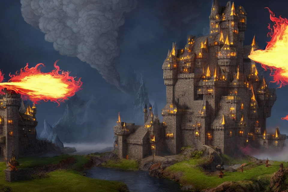 Medieval castle under attack with flames, smoke, and figures near drawbridge.