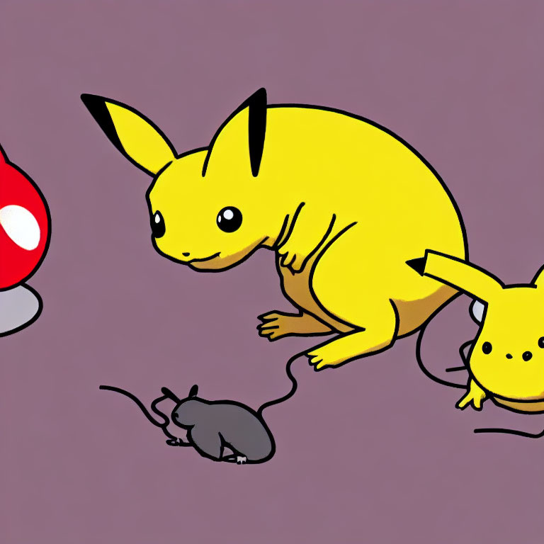 Illustration of two Pikachu characters, a Poké Ball, and a mouse-like creature on purple background