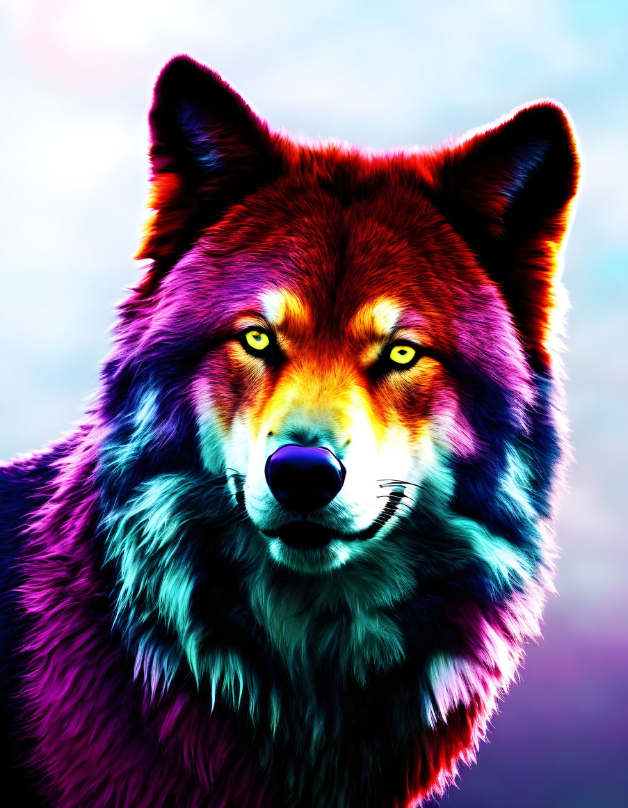 Multicolored wolf with yellow eyes on blurred backdrop