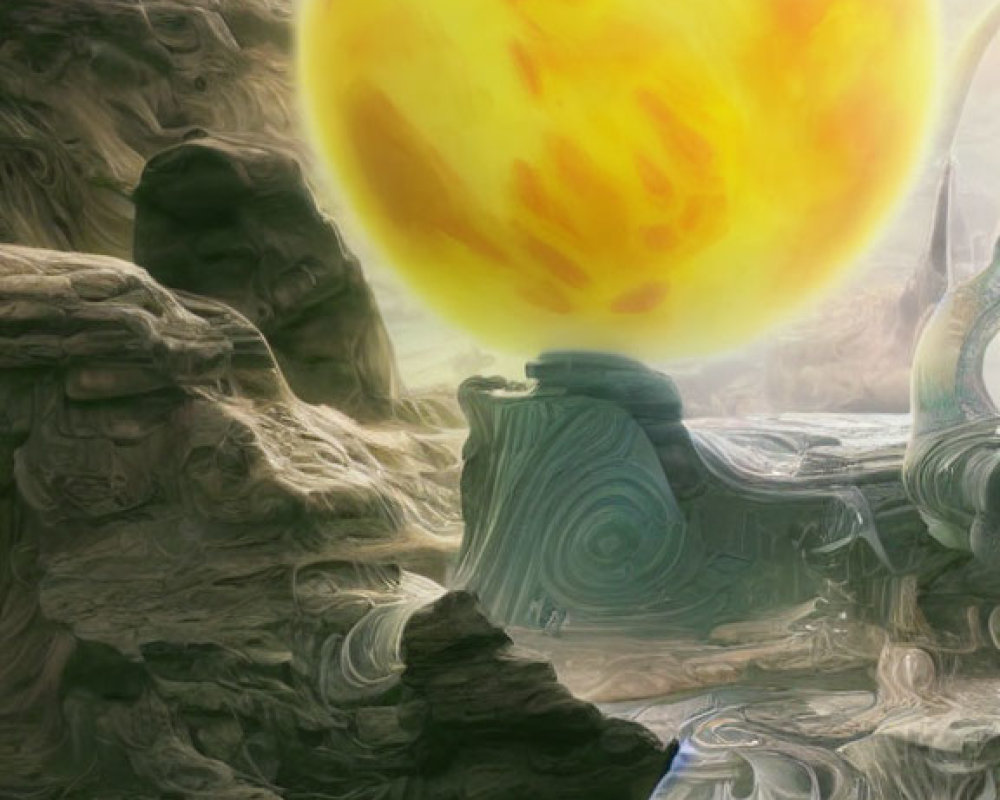 Fantastical rocky terrain under large yellow planet with swirling patterns