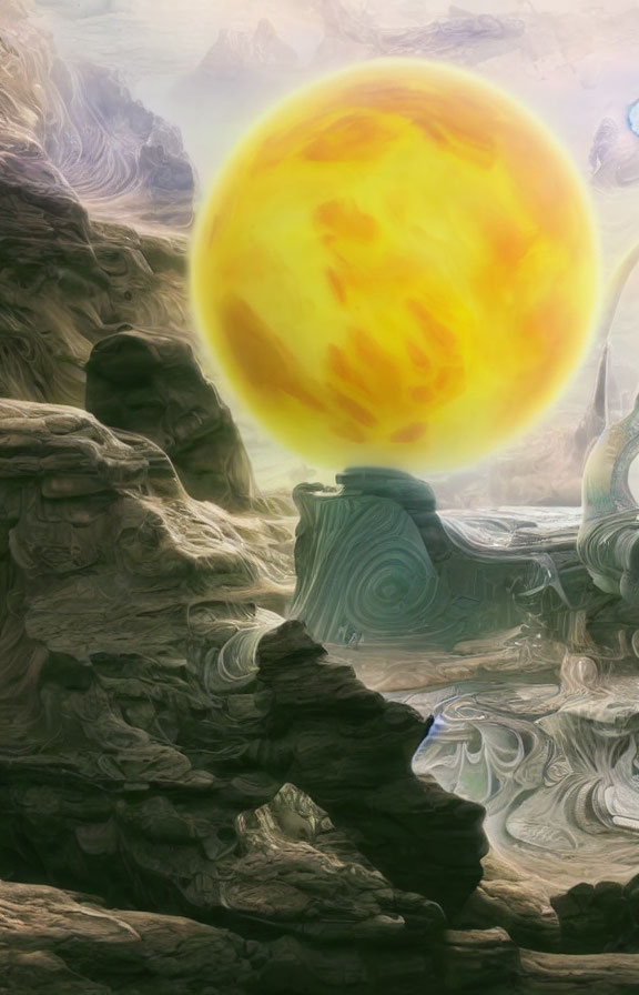 Fantastical rocky terrain under large yellow planet with swirling patterns