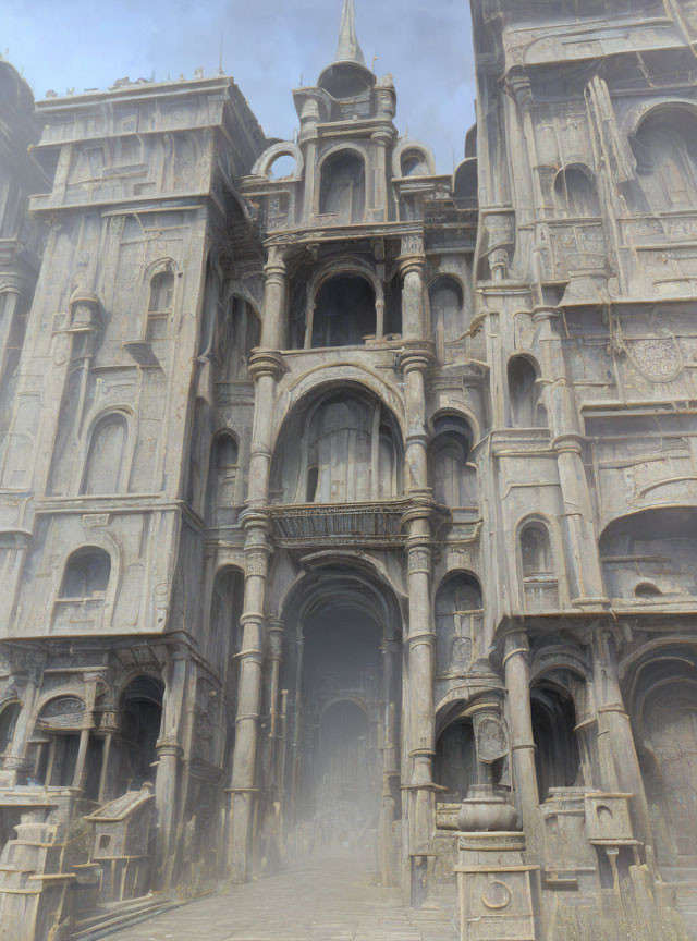 Gothic-style stone architecture shrouded in mist