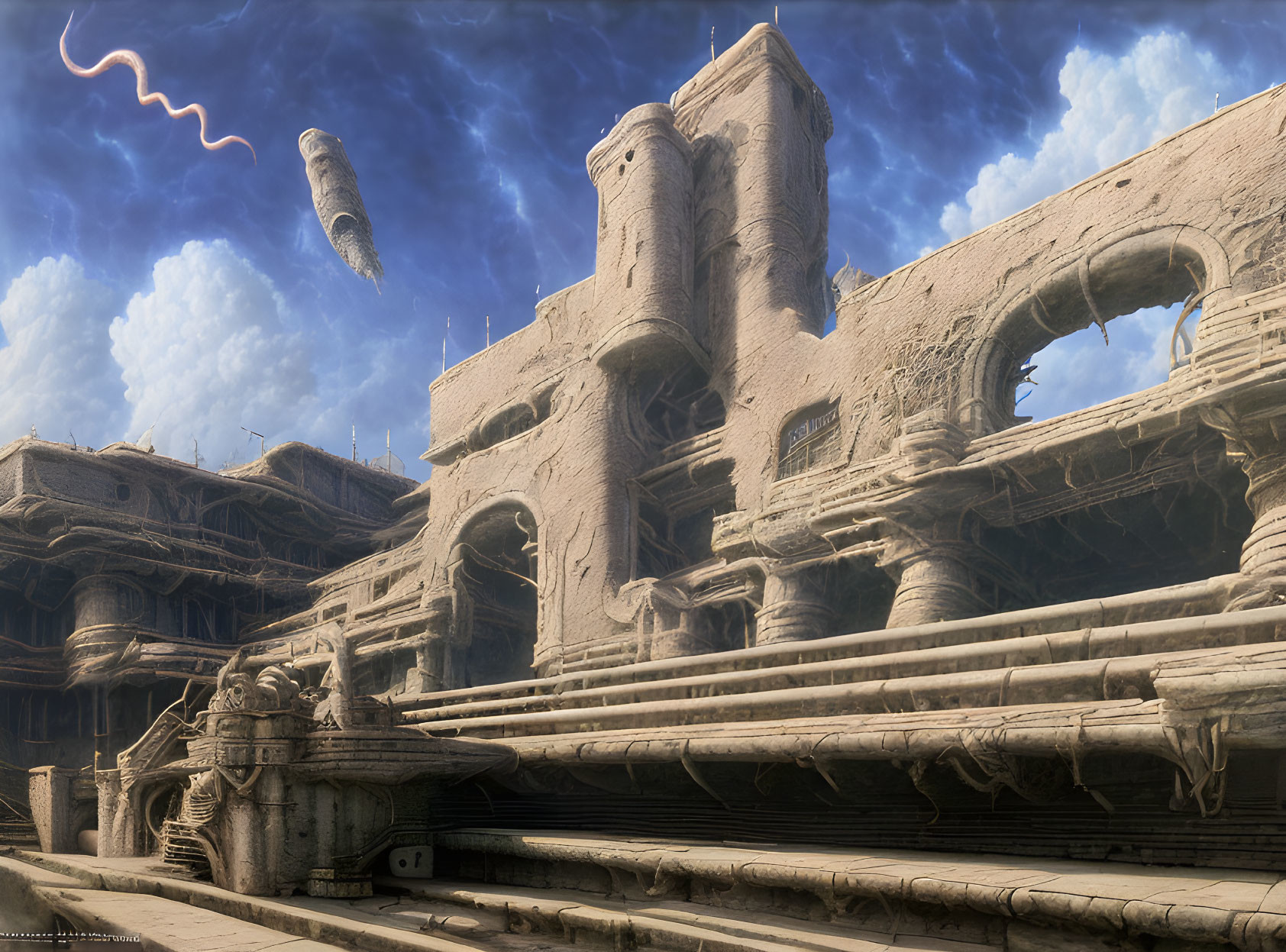 Ancient sandstone fortress with intricate carvings under blue sky and floating structure.