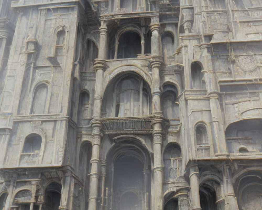 Gothic-style stone architecture shrouded in mist