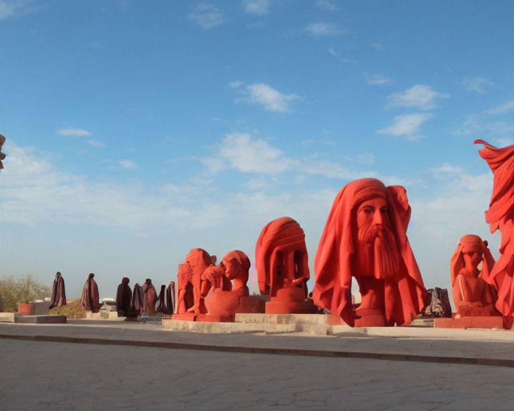 Traditional dress figures walk among stone sculptures under clear sky