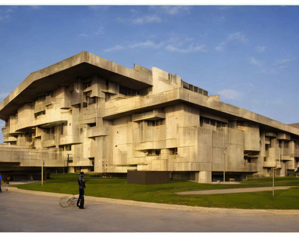 Brutalist Architecture Building with Clear Sky and People