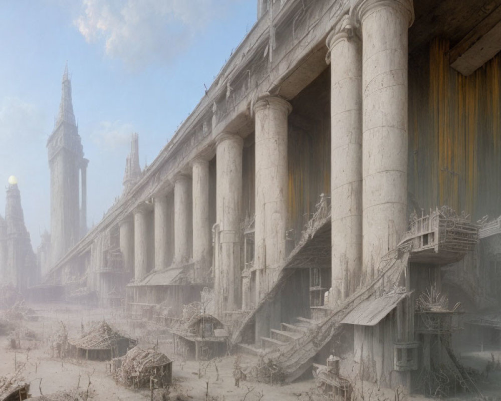 Classical building ruins with columns, staircases, and debris under hazy sky