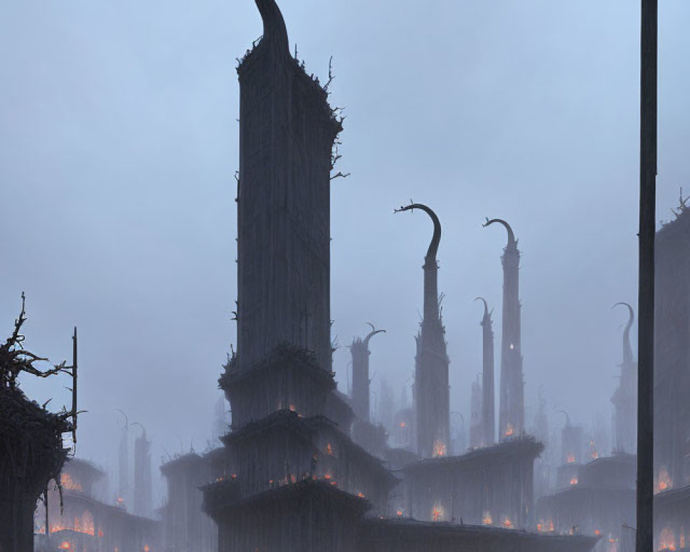 Surreal foggy cityscape with organic-like structures and boardwalk under dusky sky