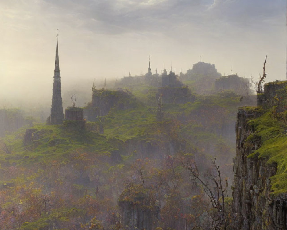 Mystical dusk landscape with ancient ruins, colorful flora, and cloudy sky