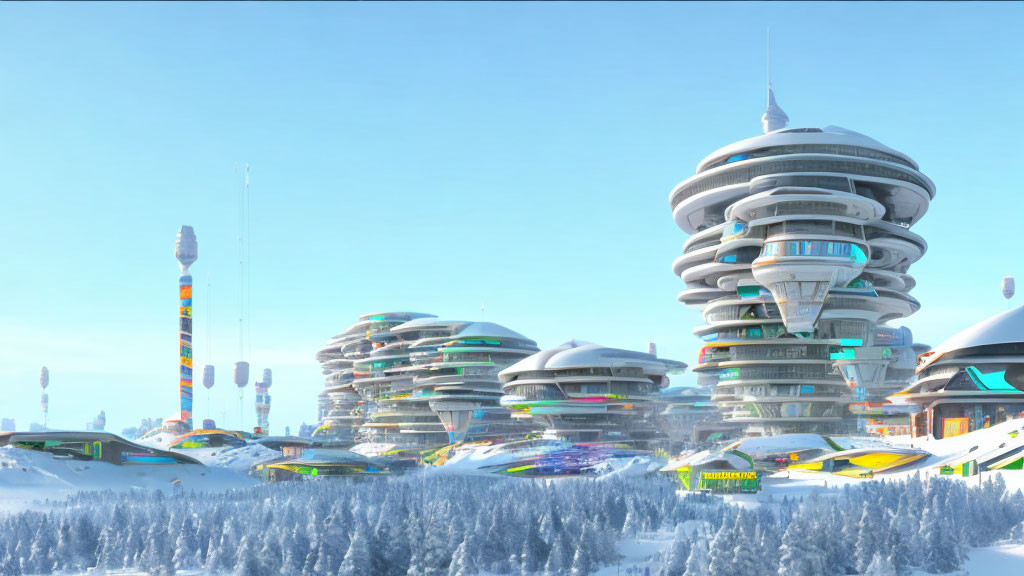 Futuristic cityscape with circular buildings in snowy landscape & flying vehicles
