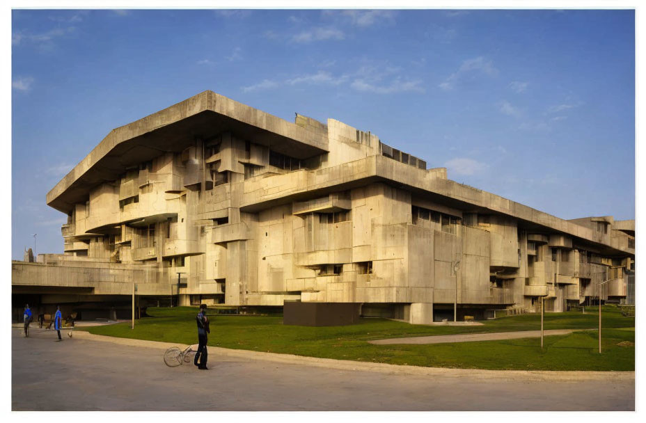 Brutalist Architecture Building with Clear Sky and People