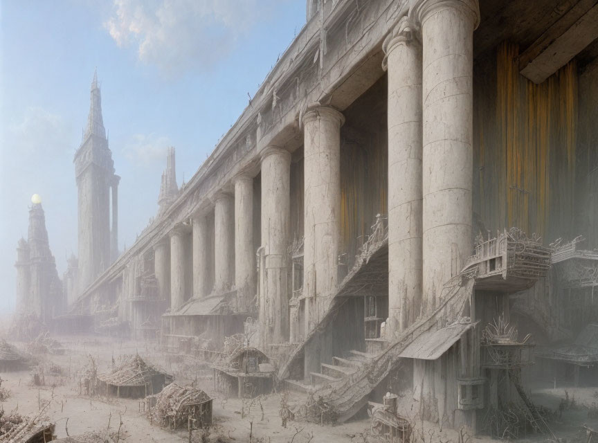 Classical building ruins with columns, staircases, and debris under hazy sky