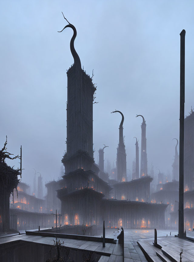 Surreal foggy cityscape with organic-like structures and boardwalk under dusky sky