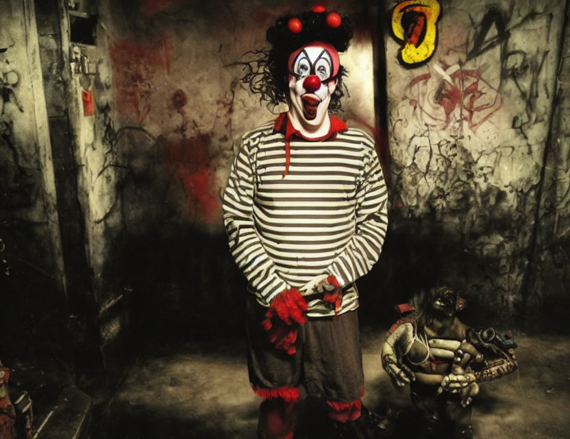 Clown in white and red makeup in graffiti-covered room with small figure