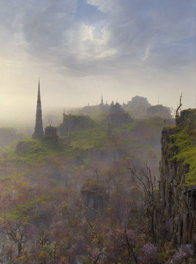 Mystical dusk landscape with ancient ruins, colorful flora, and cloudy sky