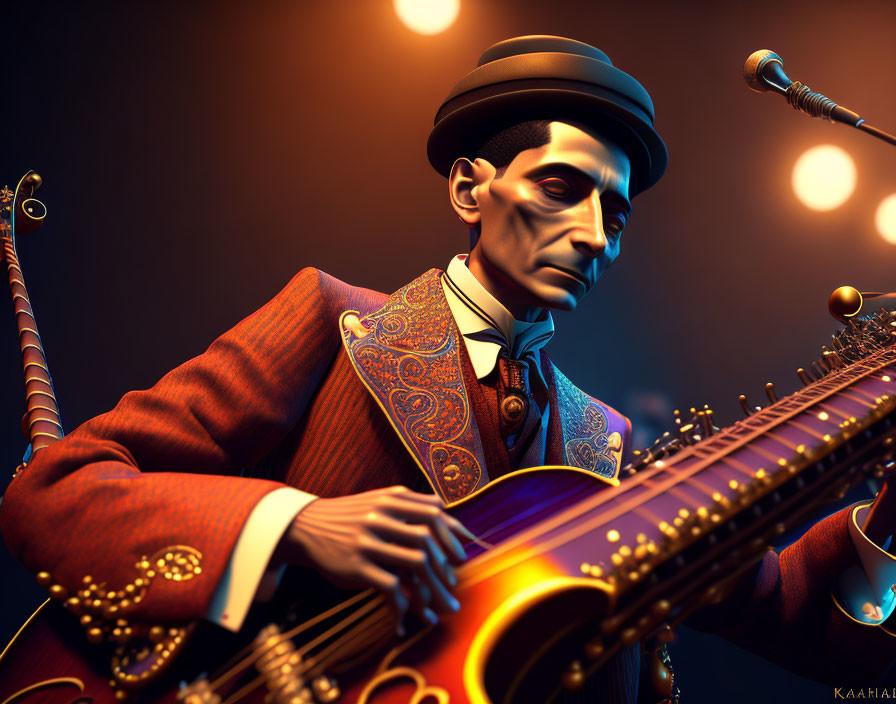 Vintage Attire Animated Character Playing Stringed Instrument Under Stage Lighting