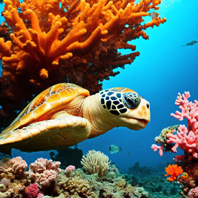 Sea Turtle Swimming Among Vibrant Coral Reefs and Small Fish