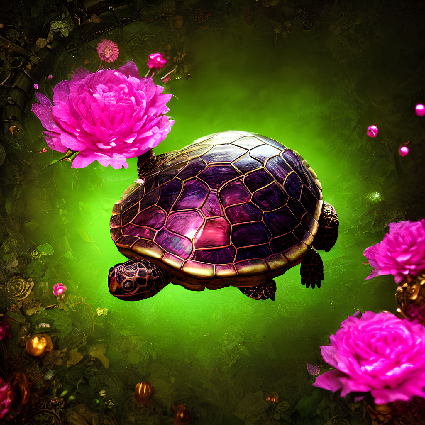 Colorful digital artwork: Turtle with purple shell in lush greenery & pink flowers.