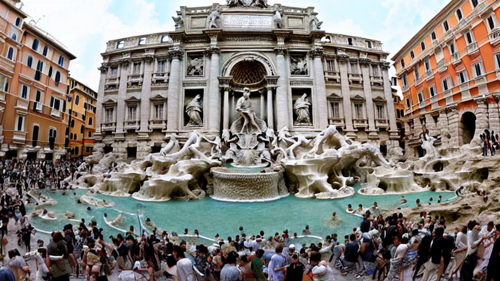 Historic Fountain Surrounded by Tourists and Ornate Buildings in Blue Sky