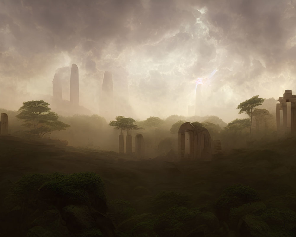 Ancient mystical ruins in forest with fog and dramatic sky