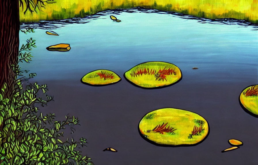 Tranquil pond with green lily pads and lush vegetation under yellow light