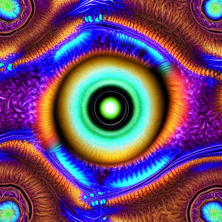 Colorful fractal image of eye-like design with intricate blue, orange, and purple patterns