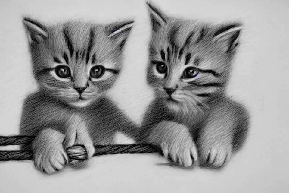 Two adorable kittens in pencil sketch with striking eyes and fluffy fur