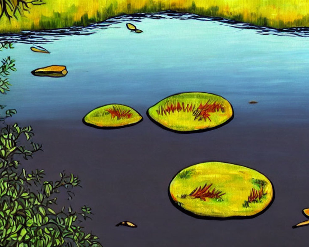 Tranquil pond with green lily pads and lush vegetation under yellow light