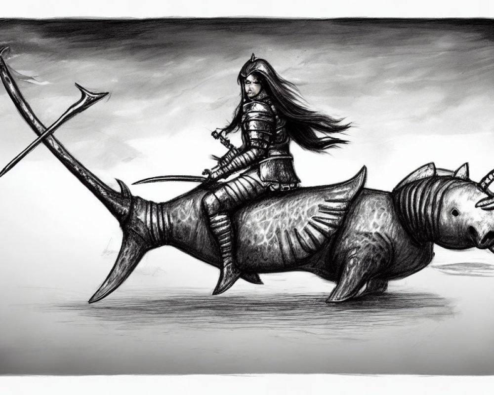 Monochromatic sketch of warrior on rhinoceros-like creature.