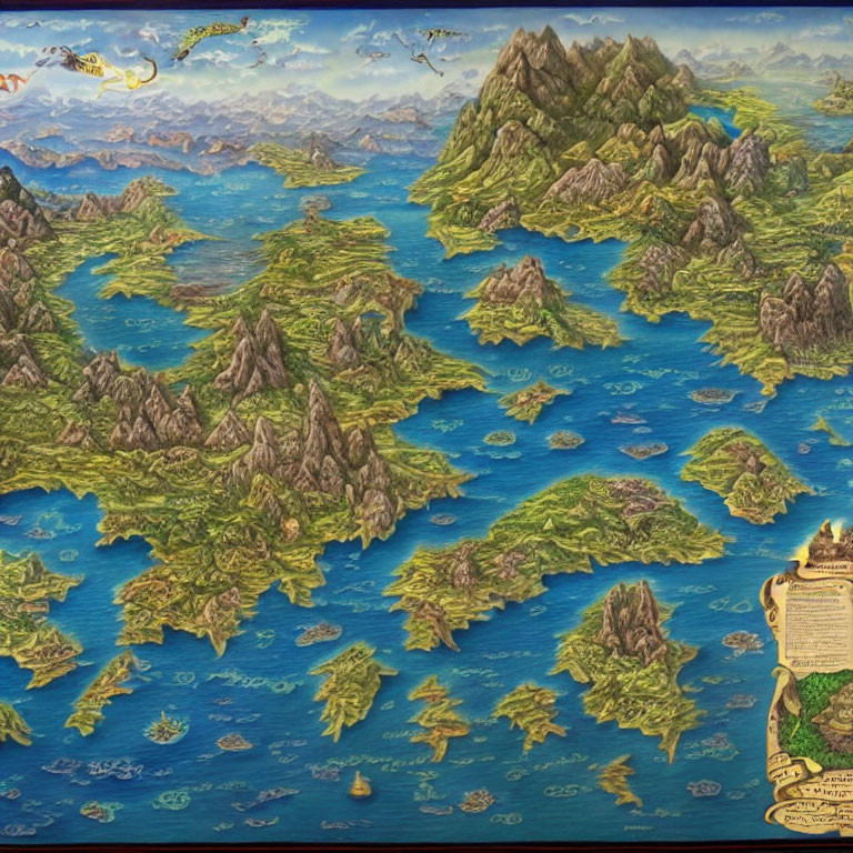 Fantasy map of vast archipelago with islands, mountains, and blue sea