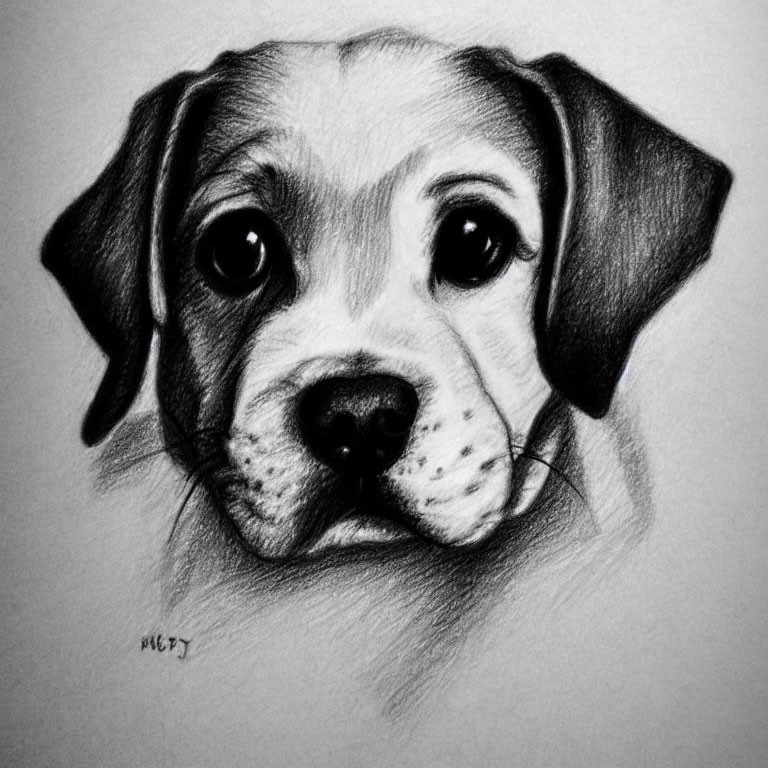 Detailed pencil sketch of a puppy with expressive eyes, floppy ears, and patterned snout