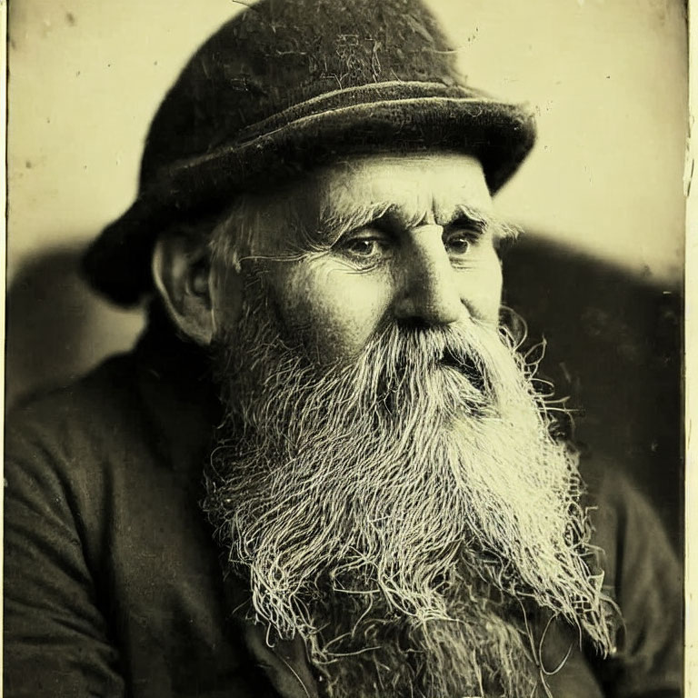 Elderly Man with Thick Beard and Hat in Sepia-Toned Photograph