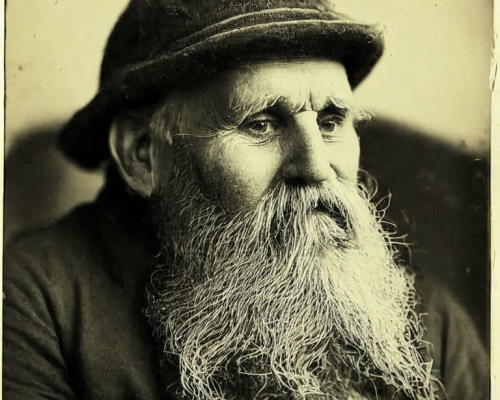 Elderly Man with Thick Beard and Hat in Sepia-Toned Photograph